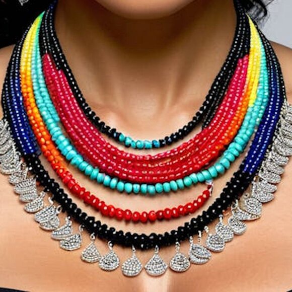 Multicolored Multiple Necklaces Beaded Jewelry Set, Colorful Jewelry Set - Picture 3 of 4